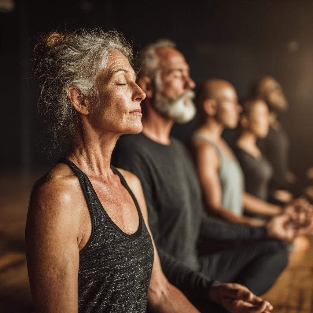 Diverse group of people aged forty to fifty-five practicing meditation together in serene yoga studio with soft natural lighting and peaceful atmosphere