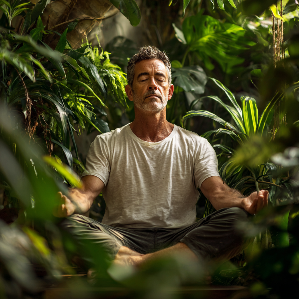 Mature man in his early fifties meditating peacefully in lotus position during yoga practice surrounded by plants and natural elements